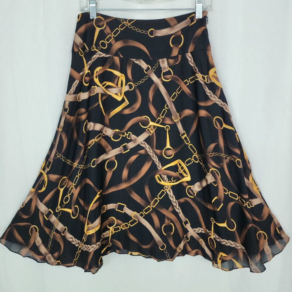 Lauren Ralph Lauren Silk A-line Skirt Sz 2 Black Brown Equestrian Horsebit Print